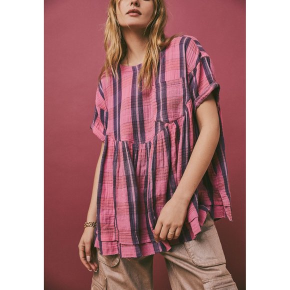 FREE PEOPLE Moon City Plaid Top / Pink and Purple Combo - Picture 1 of 8